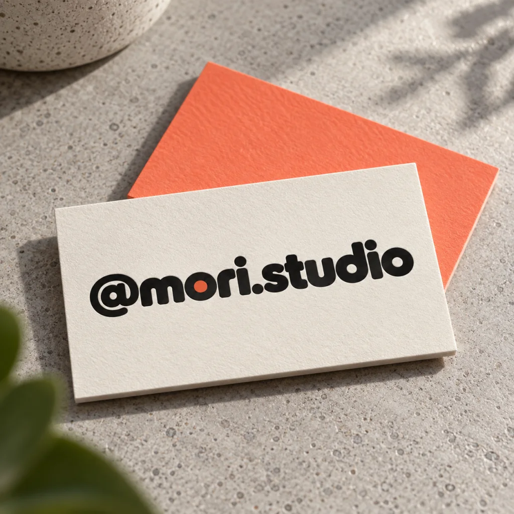 @mori.studio artwork on an ivory business card — application mockup